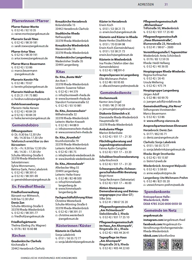 wichtige Adressen im Bereich der Ev. Versöhnungs-Kirchengemeinde Rheda-Wiedenbrück